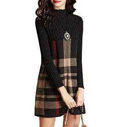 Damen Elegante Plaid Pullover Strickkleid Midi-Kleid Winter Strickpullover A-Linie (Schwarz, L) von TangDao