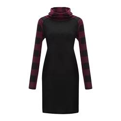 Damen Kleid kariert Langarm Schalkragen für Herbst Winter (Weinrot, M) von TangDao