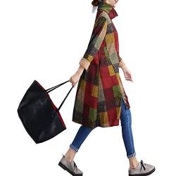 Damen Tunika Kleid mit unregelmäßigem Florkragen Taschen Vintage Langarm Kariert Shirt A-Linie Pullover Oberteile (L, Grün) von TangDao