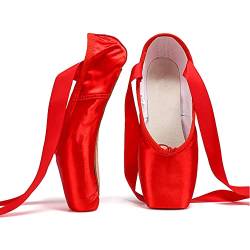 Spitzenschuhe Rosa Ballettschuhe für Anfänger Rot Schwarz Satin Professionelle Tanzschuhe Ballerinas mit Aufgenähten Bändern für Damen Mädchen(40 EU,Rot) von TangDao