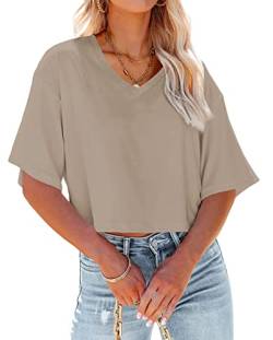 Tankaneo Cropped-T-Shirts für Damen, mit V-Ausschnitt, lässige Sommer-Tops, halbe Ärmel, einfarbig, bauchfreie Baisc-T-Shirts, Khaki, X-Groß von Tankaneo