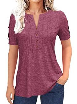 Tankaneo Damen Bluse V-Ausschnitt plissiert Knopfleiste Kurzarm T-Shirt Sommer Feste Farbe Lockere lässig Tunika Oberteil Top von Tankaneo