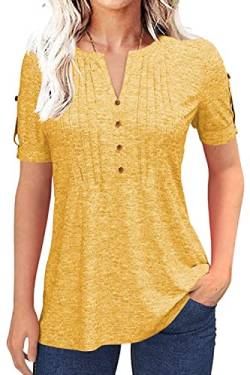 Tankaneo Damen Bluse V-Ausschnitt plissiert Knopfleiste Kurzarm T-Shirt Sommer Feste Farbe Lockere lässig Tunika Oberteil Top von Tankaneo