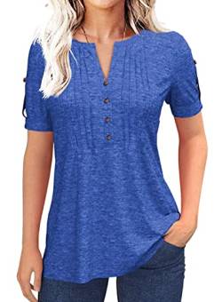 Tankaneo Damen Bluse V-Ausschnitt plissiert Knopfleiste Kurzarm T-Shirt Sommer Feste Farbe Lockere lässig Tunika Oberteil Top von Tankaneo