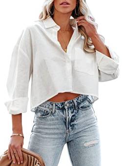 Tankaneo Damen Button-Down-Shirt, langärmelig, lässig, bauchfrei, einfarbig, Bluse mit Brusttasche, Weiß, Mittel von Tankaneo