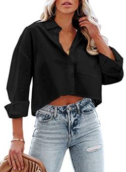 Tankaneo Damen Button-Down-Shirt, langärmelig, lässig, bauchfrei, einfarbig, Bluse mit Brusttasche, schwarz, Mittel von Tankaneo