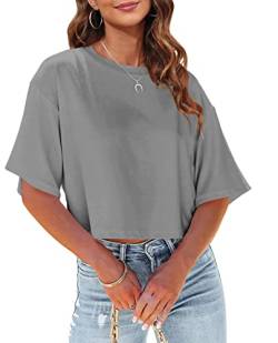 Tankaneo Damen Crop Tops Kurzarm T-Shirts Sommer Fitness Oversize Oberteile Crew Neck Bauchfrei Sportshirt von Tankaneo