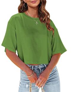 Tankaneo Damen Crop Tops Kurzarm T-Shirts Sommer Fitness Oversize Oberteile Crew Neck Bauchfrei Sportshirt von Tankaneo