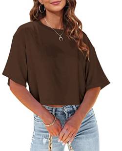 Tankaneo Damen Crop Tops Kurzarm T-Shirts Sommer Fitness Oversize Oberteile Crew Neck Bauchfrei Sportshirt von Tankaneo