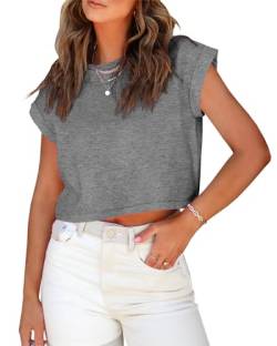 Tankaneo Damen Kurzarm Crop Tops Sommer T-Shirts Rolled Dolman Sleeve Casual Rundhalsausschnitt Solid Short Basic Tees von Tankaneo