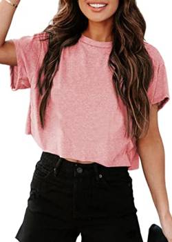 Tankaneo Damen Kurzarm Cropped T-Shirt Rundhals Crop Tops Sommer Casual Drop Shoulder Basic Tees, Pink, Mittel von Tankaneo