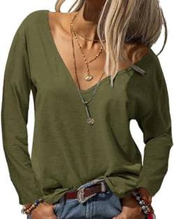 Tankaneo Damen Langarmshirt Mode Tiefer V-Ausschnitt Langarm Tops Solide Lässig Lose Basic Oberteil T-Shirt von Tankaneo