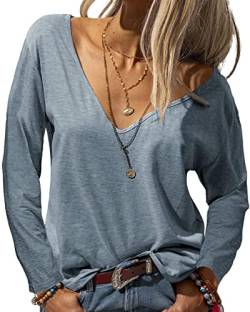 Tankaneo Damen Langarmshirt Mode Tiefer V-Ausschnitt Langarm Tops Solide Lässig Lose Basic Oberteil T-Shirt von Tankaneo