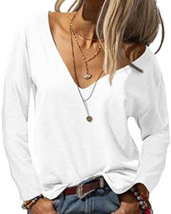 Tankaneo Damen Langarmshirt Mode Tiefer V-Ausschnitt Langarm Tops Solide Lässig Lose Basic Oberteil T-Shirt von Tankaneo