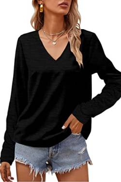 Tankaneo Damen Langarmshirts V-Ausschnitt Oberteile Pullover Loose Basic T-Shirt Bluse Top von Tankaneo