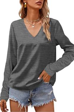 Tankaneo Damen Langarmshirts V-Ausschnitt Oberteile Pullover Loose Basic T-Shirt Bluse Top von Tankaneo