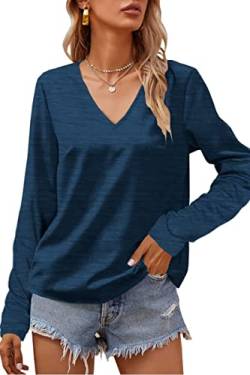 Tankaneo Damen Langarmshirts V-Ausschnitt Oberteile Pullover Loose Basic T-Shirt Bluse Top von Tankaneo