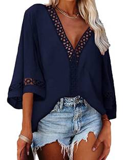 Tankaneo Damen Mode 3/4 Bell Sleeve V-Ausschnitt Bluse Shirt Spitze Patchwork Fledermausärmel Hemd Loose Casual Tunika Tops von Tankaneo