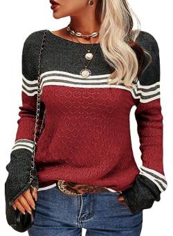 Tankaneo Damen Pullover Colorblock Langarm Rundhals Strickpullover Gestreift Slim Fit Strickwaren Tops von Tankaneo