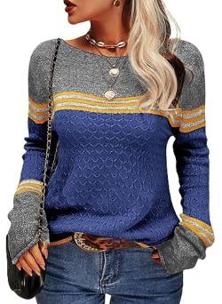 Tankaneo Damen Pullover Colorblock Langarm Rundhals Strickpullover Gestreift Slim Fit Strickwaren Tops von Tankaneo