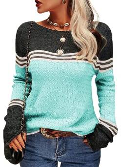 Tankaneo Damen Pullover Colorblock Langarm Rundhals Strickpullover Gestreift Slim Fit Strickwaren Tops von Tankaneo