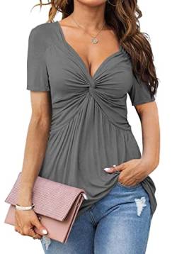 Tankaneo Damen V Ausschnitt Elegant Blusenshirt Front Knotted T-Shirt Kurzarm Dame Tunika Blusen Tops Oberteile von Tankaneo