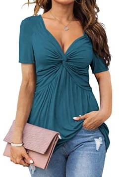 Tankaneo Damen V Ausschnitt Elegant Blusenshirt Front Knotted T-Shirt Kurzarm Dame Tunika Blusen Tops Oberteile von Tankaneo