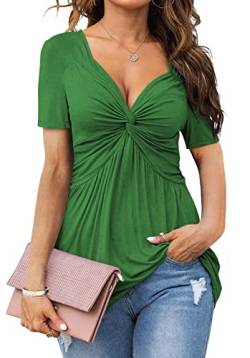 Tankaneo Damen V Ausschnitt Elegant Blusenshirt Front Knotted T-Shirt Kurzarm Dame Tunika Blusen Tops Oberteile von Tankaneo