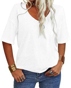 Tankaneo Damen V-Ausschnitt Kurzarm T-Shirt Casual Lose Basic Sommer Tops Halbarm Oversized Tunika Tee von Tankaneo