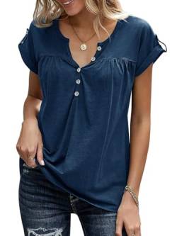 Tankaneo Damen V-Ausschnitt Rolled Kurzarm T-Shirts Henley Tees Sommer Tops Lose Casual Button Up Solid Tunika Bluse Oberteile von Tankaneo