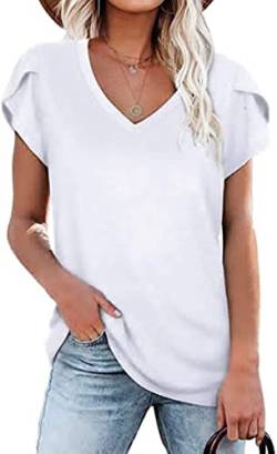 Tankaneo Damen V Ausschnitt T-Shirts Casual Sommer Blütenblatt Ärmel Mode Tops Fitness Oberteile von Tankaneo
