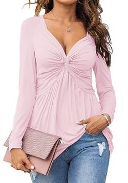 Tankaneo Damen V-Ausschnitt vorne geknotet Bluse Shirt Langarm Elegante lässige T-Shirt solide Farbe Pullover Tops von Tankaneo