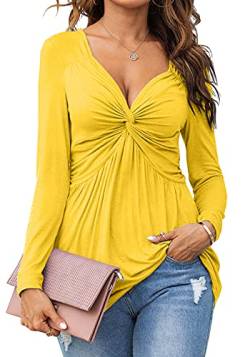 Tankaneo Damen V-Ausschnitt vorne geknotete Bluse Shirt Langarm Elegant Casual T-Shirt Einfarbig Pullover Tops, B33-yellow, Mittel von Tankaneo