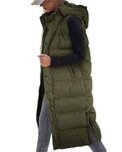 Tankaneo Damen Weste Gesteppte lange Steppweste mit Kapuze Langarm Button Down Puff Weste Baumwolle wattierte Jacke Wintermantel von Tankaneo