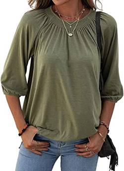 Tankaneo Damen solide Rundhalsausschnitt T Shirt Bluse Baumwolle halbe Ärmel 3/4 Ärmel lässig locker gefaltet Basic Tops von Tankaneo
