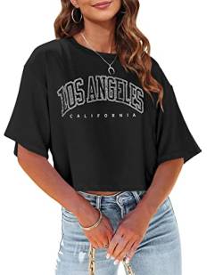 Tankaneo Los Angeles California Damen T-Shirt mit Buchstabenaufdruck, halblange Ärmel, bauchfrei, Rundhalsausschnitt, schwarz, Mittel von Tankaneo