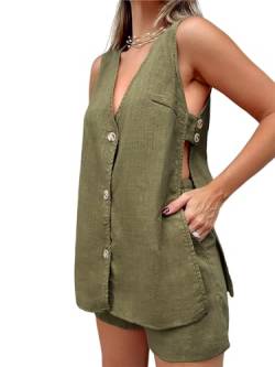 Tankaneo Zweiteiliges Sommer-Outfit für Damen, ärmellos, V-Ausschnitt, Knopfleiste, Tanktop und Shorts, Lounge-Sets mit Taschen, Grün (Army Green), L von Tankaneo