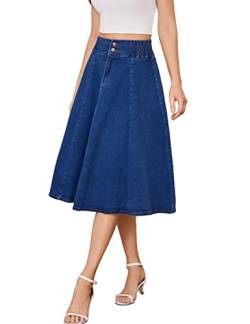 Tanming Damen Casual Vintage Elastische Taille Ausgestellt Plissee Midi Denim Jeansrock, Blau, X-Groß von Tanming