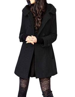 Tanming Damen Herbst Wolle Peacoat Schalkragen Unregelmäßige Plaid Jacke mit Gürtel, Schwarz-Baumwolle, Large von Tanming