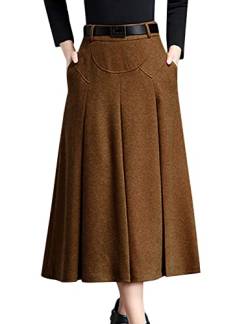 Tanming Damen Midi-Rock mit hoher Taille, A-Linie, plissiert, Wolle, mit Gürtelschlaufen, camel, X-Groß von Tanming