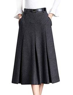 Tanming Damen Midi-Rock mit hoher Taille, A-Linie, plissiert, Wolle, mit Gürtelschlaufen, dunkelgrau, Klein von Tanming