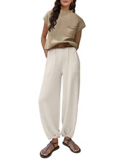 Tanming Damen Pullover Sets 2 Stück Outfits Strick Pullover Tops Harem Cropped Pants, Weiss/opulenter Garten, Medium von Tanming