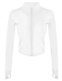 Tanming Damen Trainingsjacke mit durchgehendem Reißverschluss, für Laufen, Yoga, schmale Passform, weiß, 36 von Tanming