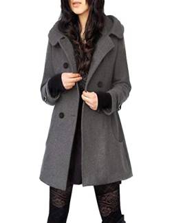 Tanming Damen Warm Zweireiher Wolle Erbsenmantel Trenchcoat Jacke mit Kapuze, GRAU, XXL von Tanming