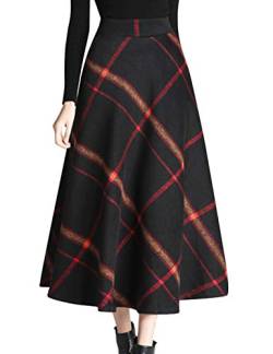 Tanming Damen Winter Warm Elastische Taille Wolle Plaid A-Linie Plissee Lange Rock, schwarz, Mittel von Tanming