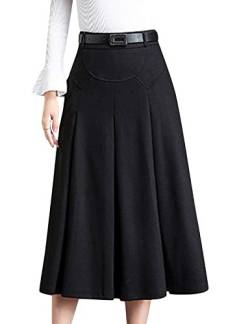 Tanming Damen Winter mit hohen Taille a-Linie plissee Wolle mit Langen Rock mit Taille Loops mittel schwarz von Tanming