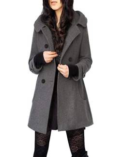 Tanming Damen winter zweireihige wollmischung lang pea coat mit kapuze mittel grau cotton von Tanming