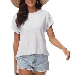 Damen T-Shirt Lochstickerei Bügelfrei Rundhalsausschnitt Oberteile Sommer Frühling Modische Kleidung 2024 Lässige Kurzarmbluse Weiß XL von Tanmolo