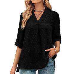 Tanmolo Bluse Damen 3/4 Ärmel mit V-Ausschnitt Elegant Oberteile Casual Swiss Dot Tops Tunika Schwarz, L von Tanmolo