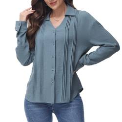 Tanmolo Bluse Damen mit Knopfleiste Lässiges Hemd mit V-Ausschnitt Plissierte Oberteil Langarmshirt Elegant Hemdbluse Grau Blau, 3XL von Tanmolo